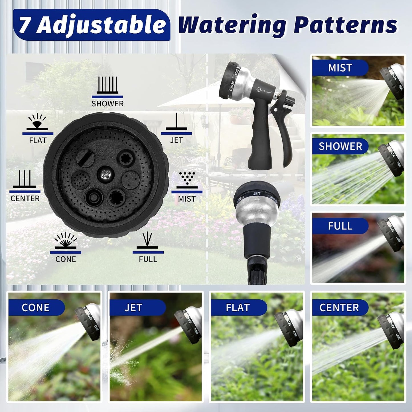 Garden Hose Nozzle 2PK, ABS Water Spray Nozzle with 7 Adjustable Patterns, Slip Resistant for Watering Plants, Lawn, Garden, Washing Cars, Cleaning, Showering Pets & Outdoor Fun