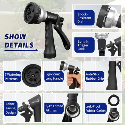 Garden Hose Nozzle 2PK, ABS Water Spray Nozzle with 7 Adjustable Patterns, Slip Resistant for Watering Plants, Lawn, Garden, Washing Cars, Cleaning, Showering Pets & Outdoor Fun