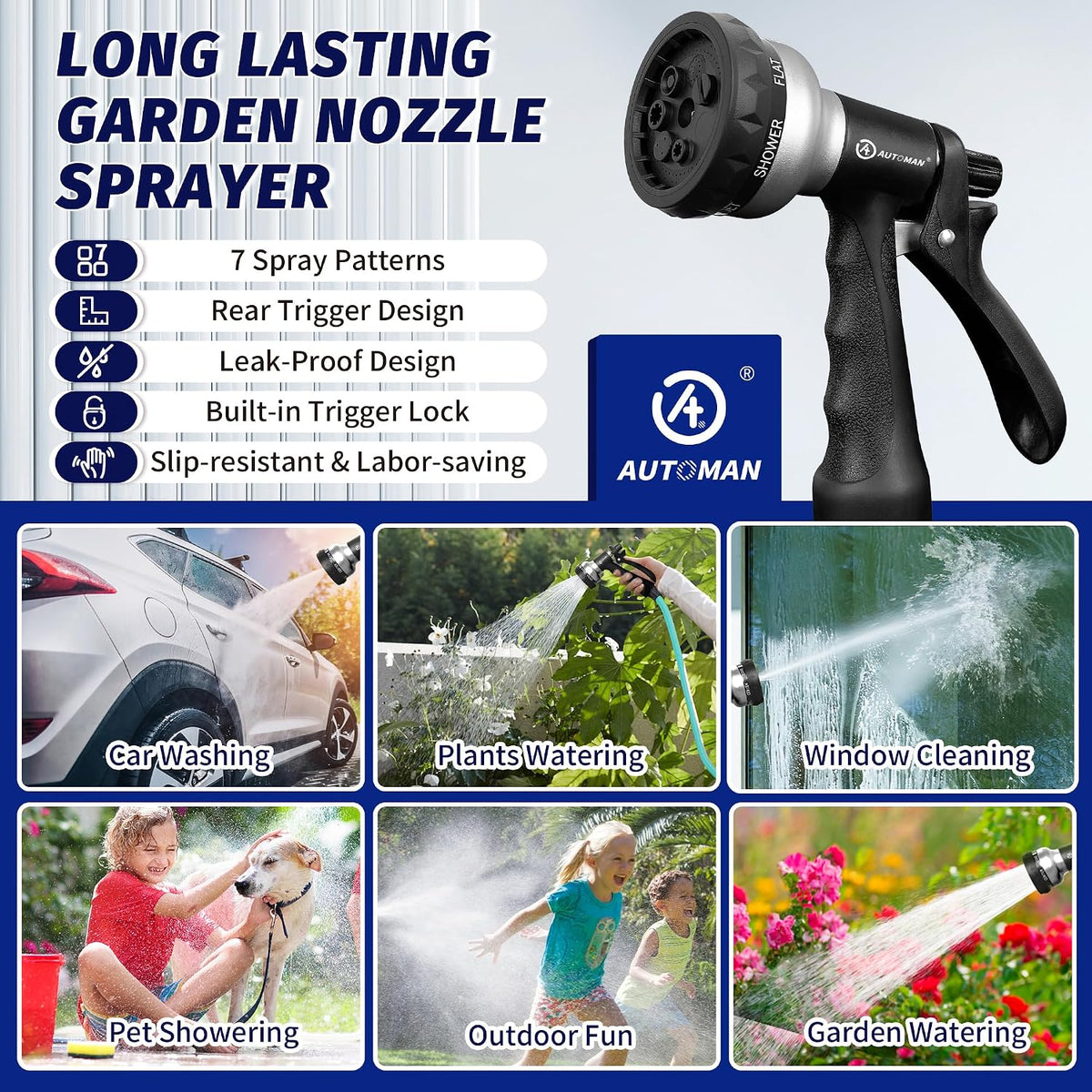 Garden Hose Nozzle 2PK, ABS Water Spray Nozzle with 7 Adjustable Patterns, Slip Resistant for Watering Plants, Lawn, Garden, Washing Cars, Cleaning, Showering Pets & Outdoor Fun
