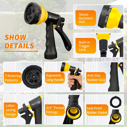 Garden Hose Nozzle 2PK, ABS Water Spray Nozzle with 7 Adjustable Patterns, Slip Resistant for Watering Plants, Lawn, Garden, Washing Cars, Cleaning, Showering Pets & Outdoor Fun