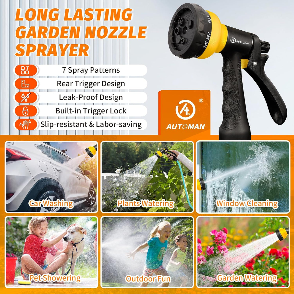 Garden Hose Nozzle 2PK, ABS Water Spray Nozzle with 7 Adjustable Patterns, Slip Resistant for Watering Plants, Lawn, Garden, Washing Cars, Cleaning, Showering Pets & Outdoor Fun