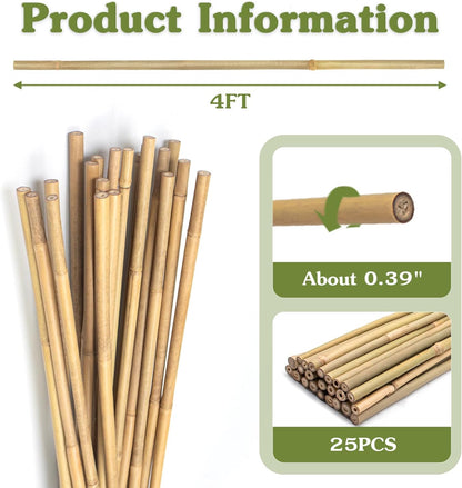 Plant Stakes 4FT, Natural Bamboo Stakes, 25Pcs Sturdy Bamboos Garden Stakes