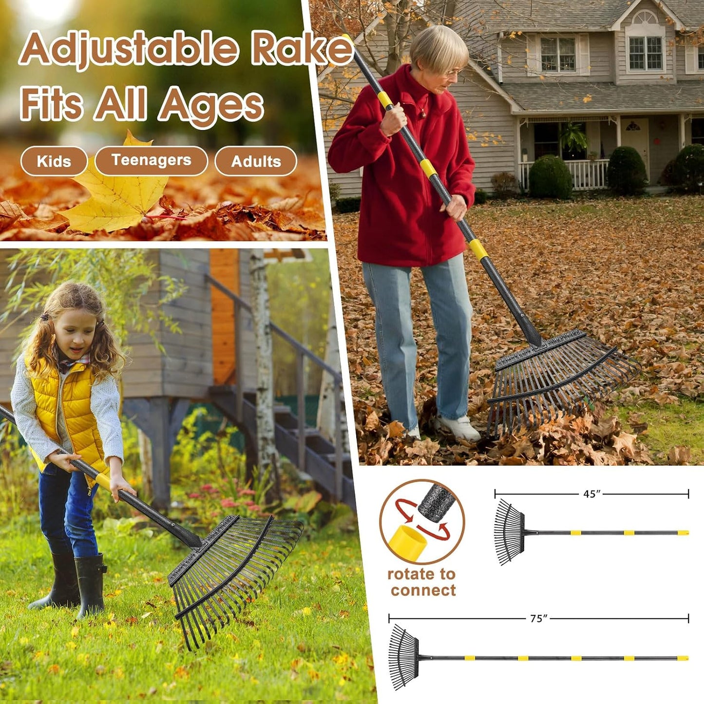 Leaf Rake 18” Wide Heavy Duty Metal 25 Tines Garden Rake Set with 30-75” Adjustable Long Handle for Yard Grass Shrub Mulch Including 32Gallon Garden Bag Leaf Scoops