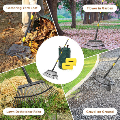 Leaf Rake 18” Wide Heavy Duty Metal 25 Tines Garden Rake Set with 30-75” Adjustable Long Handle for Yard Grass Shrub Mulch Including 32Gallon Garden Bag Leaf Scoops
