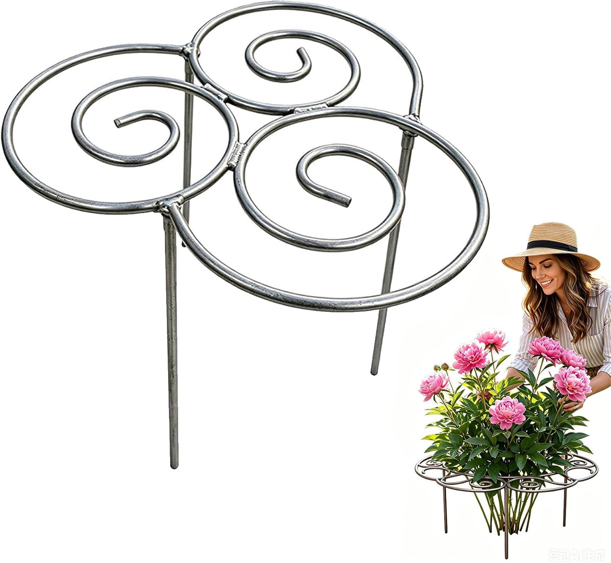 Metal Plant Support Ring for Garden, Peony Cages and Supports for Outdoor Plants, Heavy Duty Grow Through Flower Support Hoops for Peonies Dahlias Tomatoes Hydrangeas (L)