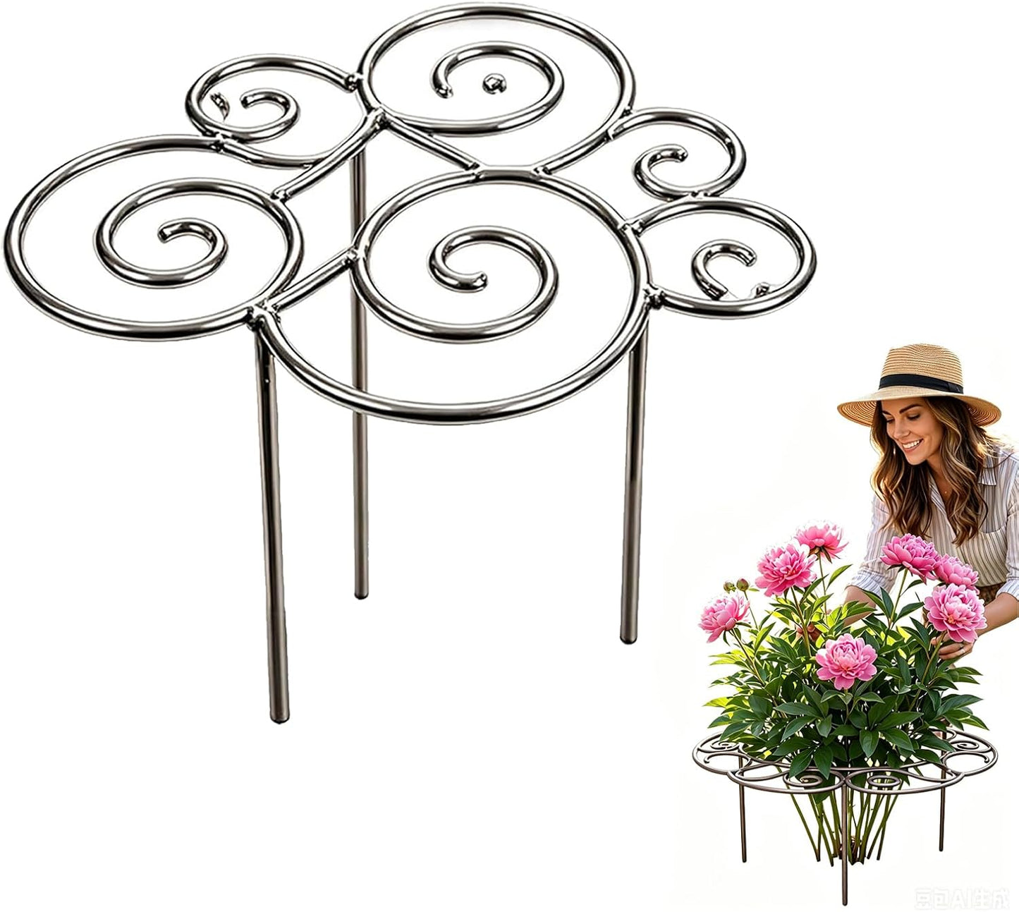 Metal Plant Support Ring for Garden, Peony Cages and Supports for Outdoor Plants, Heavy Duty Grow Through Flower Support Hoops for Peonies Dahlias Tomatoes Hydrangeas (L)
