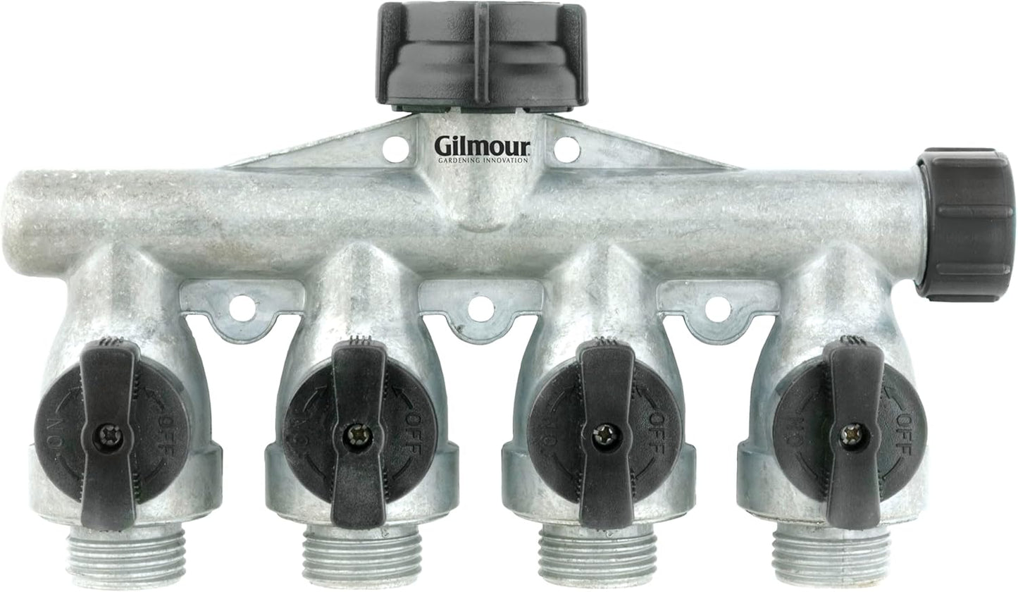 Heavy Duty 4 Way Garden Hose Splitter, Quad Water Hose Splitter with Shut Off Valve, Metal Water Manifold, Aluminum