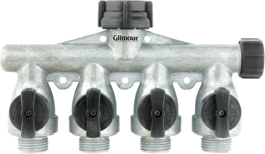 Heavy Duty 4 Way Garden Hose Splitter, Quad Water Hose Splitter with Shut Off Valve, Metal Water Manifold, Aluminum