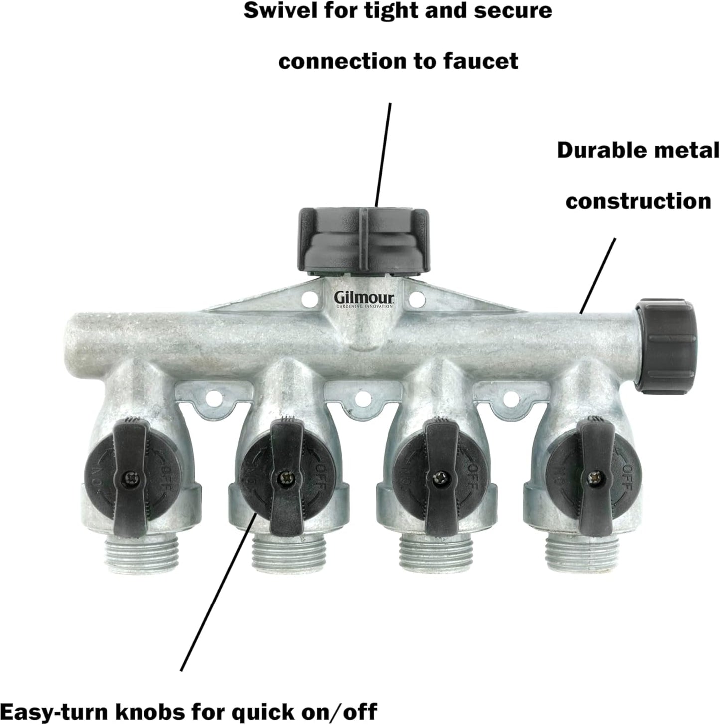 Heavy Duty 4 Way Garden Hose Splitter, Quad Water Hose Splitter with Shut Off Valve, Metal Water Manifold, Aluminum