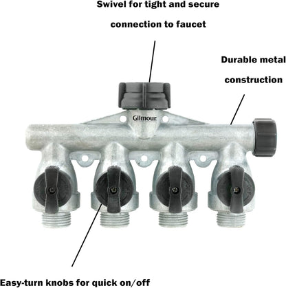 Heavy Duty 4 Way Garden Hose Splitter, Quad Water Hose Splitter with Shut Off Valve, Metal Water Manifold, Aluminum