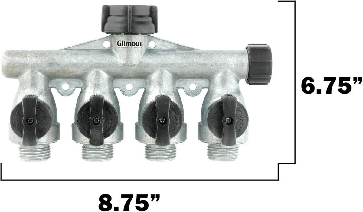Heavy Duty 4 Way Garden Hose Splitter, Quad Water Hose Splitter with Shut Off Valve, Metal Water Manifold, Aluminum