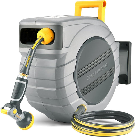 Retractable Garden Hose Reel, 5/8 in x 100 ft UV Resistant Heavy Duty Water Hose Reel with Automatic Slow Rewind & Any Length Lock, 180° Swivel Wall Mount Hose Reels for Outside, 3/4 in Brass Fitting