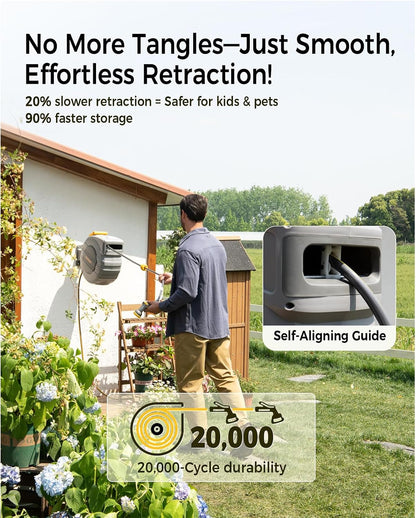 Retractable Garden Hose Reel, 5/8 in x 100 ft UV Resistant Heavy Duty Water Hose Reel with Automatic Slow Rewind & Any Length Lock, 180° Swivel Wall Mount Hose Reels for Outside, 3/4 in Brass Fitting