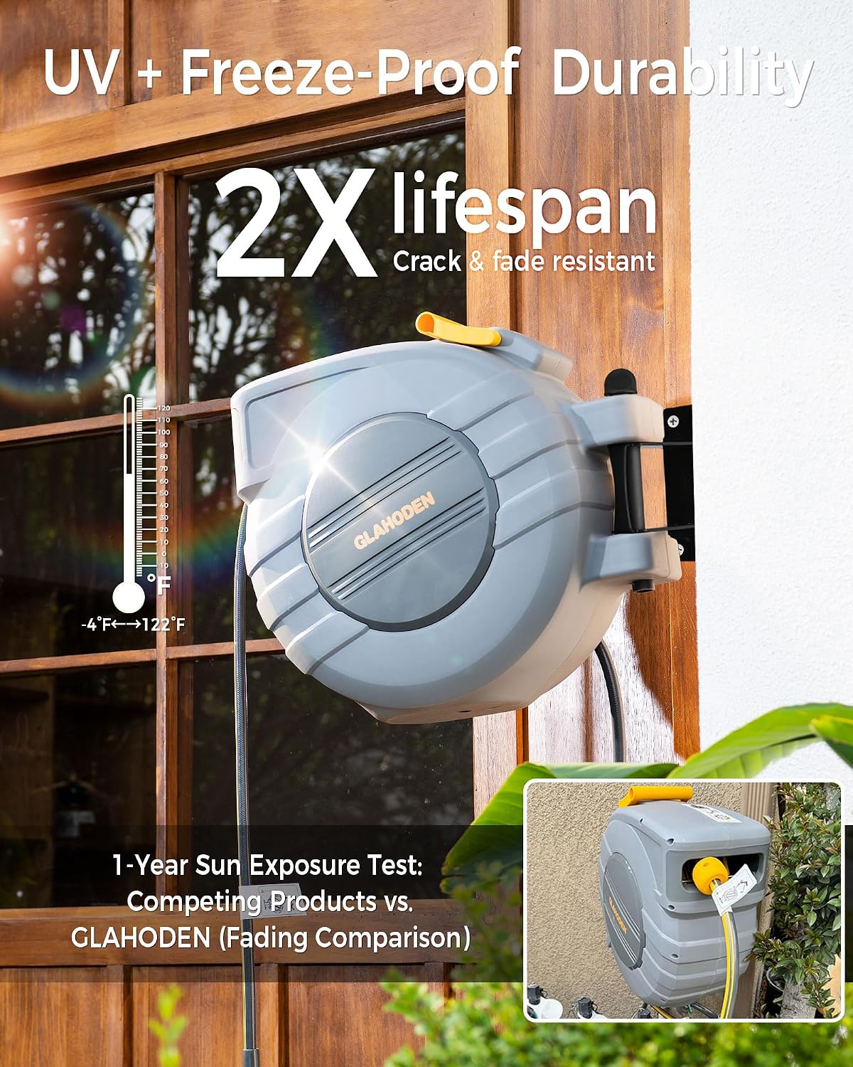 Retractable Garden Hose Reel, 5/8 in x 100 ft UV Resistant Heavy Duty Water Hose Reel with Automatic Slow Rewind & Any Length Lock, 180° Swivel Wall Mount Hose Reels for Outside, 3/4 in Brass Fitting