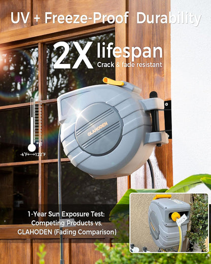 Retractable Garden Hose Reel, 5/8 in x 100 ft UV Resistant Heavy Duty Water Hose Reel with Automatic Slow Rewind & Any Length Lock, 180° Swivel Wall Mount Hose Reels for Outside, 3/4 in Brass Fitting