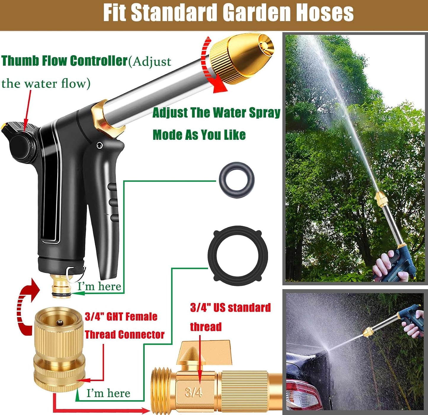 Garden Hose Nozzle, Upgraded Heavy Duty Metal Hose Sprayer Nozzle with Thumb Control, High Pressure Water Nozzle With 3/4" Quick Connect for Watering Plants and Lawn, Washing Cars and Showering Pets