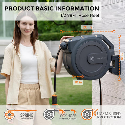 Retractable Garden Hose Reel 1/2"130FT Wall Mount Auto Rewind