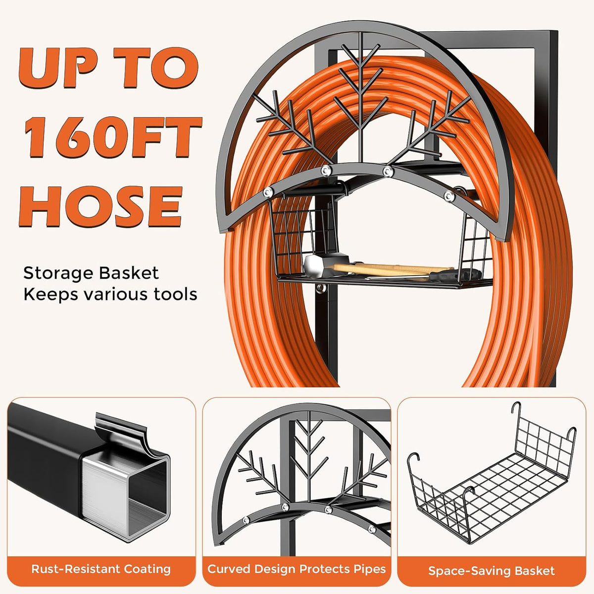 Heavy Duty Garden Hose Holder with Storage Basket, Holds Up to 160FT Hose, Freestanding Metal Water Hose Organizer with 4 Anchor Spikes, for Outdoor Yard Lawn Patio
