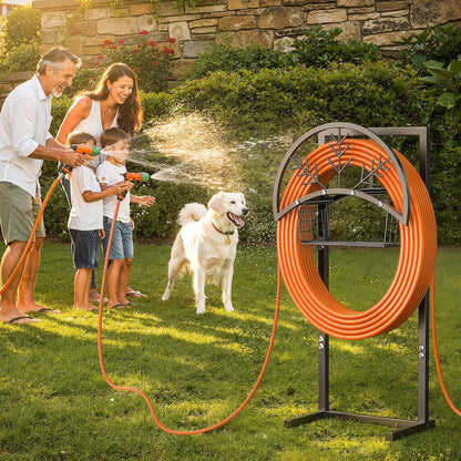 Heavy Duty Garden Hose Holder with Storage Basket, Holds Up to 160FT Hose, Freestanding Metal Water Hose Organizer with 4 Anchor Spikes, for Outdoor Yard Lawn Patio
