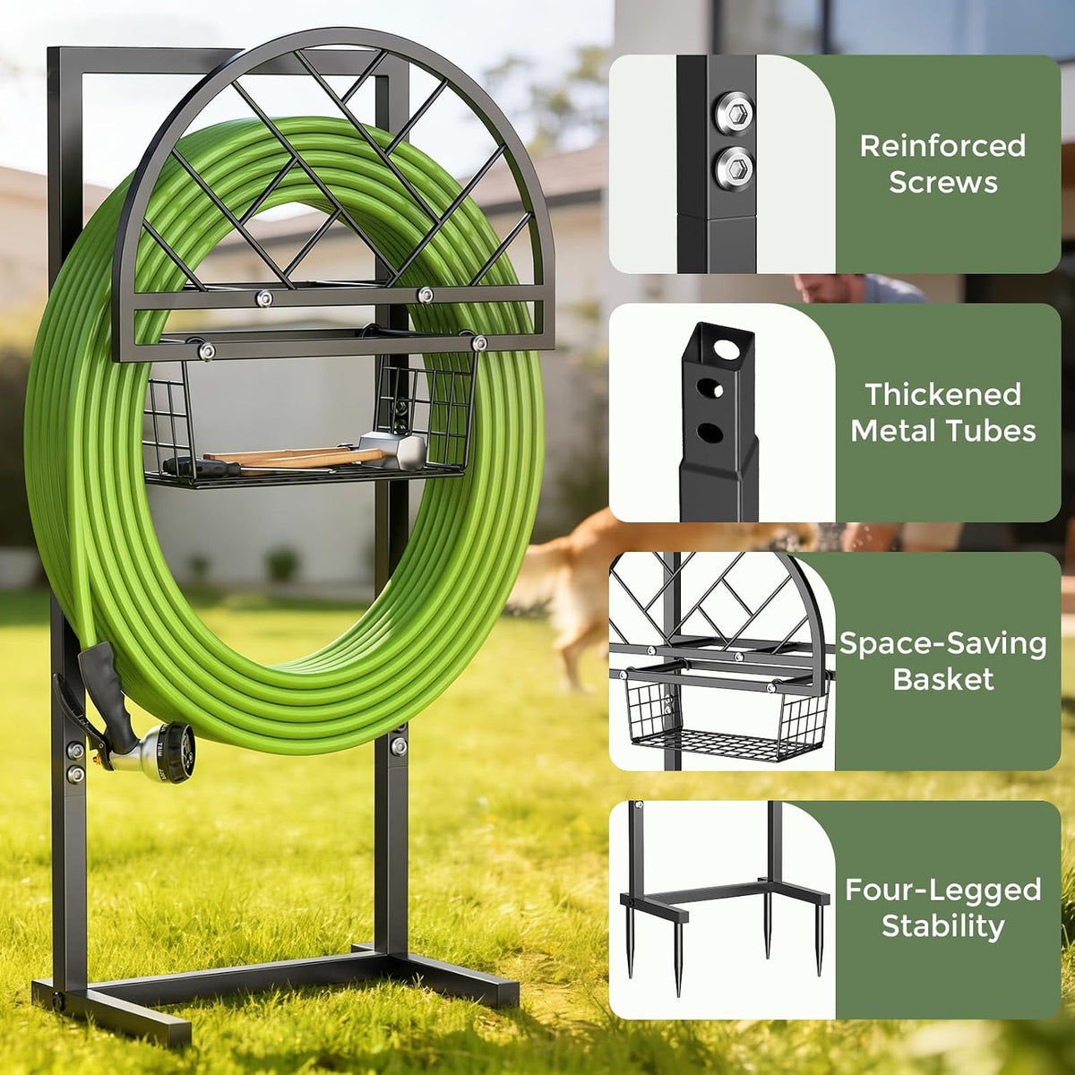 Heavy Duty Garden Hose Holder with Storage Basket, Holds Up to 160FT Hose, Freestanding Metal Water Hose Organizer with 4 Anchor Spikes, for Outdoor Yard Lawn Patio