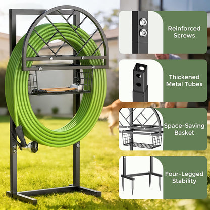 Heavy Duty Garden Hose Holder with Storage Basket, Holds Up to 160FT Hose, Freestanding Metal Water Hose Organizer with 4 Anchor Spikes, for Outdoor Yard Lawn Patio