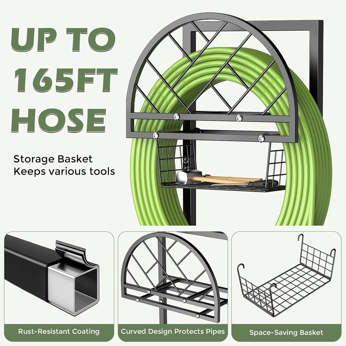 Heavy Duty Garden Hose Holder with Storage Basket, Holds Up to 160FT Hose, Freestanding Metal Water Hose Organizer with 4 Anchor Spikes, for Outdoor Yard Lawn Patio
