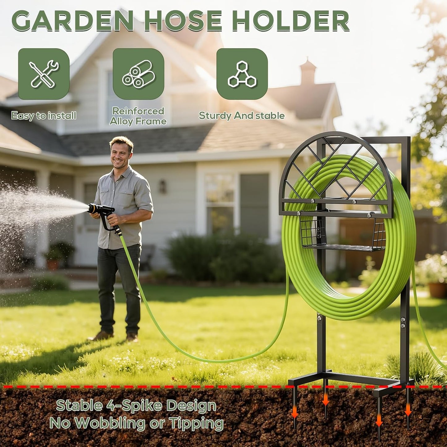 Heavy Duty Garden Hose Holder with Storage Basket, Holds Up to 160FT Hose, Freestanding Metal Water Hose Organizer with 4 Anchor Spikes, for Outdoor Yard Lawn Patio