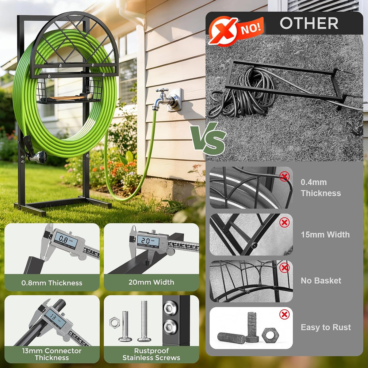 Heavy Duty Garden Hose Holder with Storage Basket, Holds Up to 160FT Hose, Freestanding Metal Water Hose Organizer with 4 Anchor Spikes, for Outdoor Yard Lawn Patio