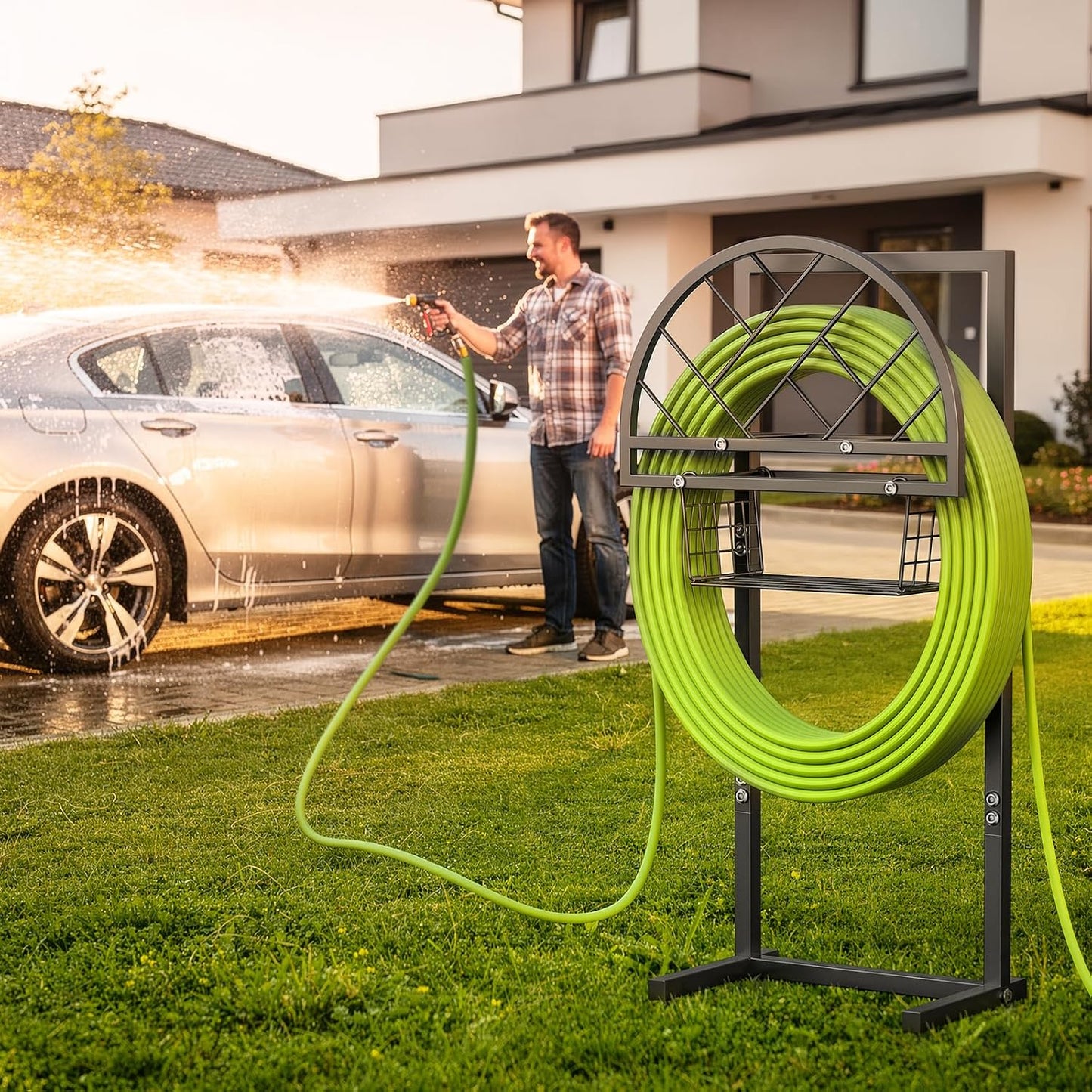 Heavy Duty Garden Hose Holder with Storage Basket, Holds Up to 160FT Hose, Freestanding Metal Water Hose Organizer with 4 Anchor Spikes, for Outdoor Yard Lawn Patio