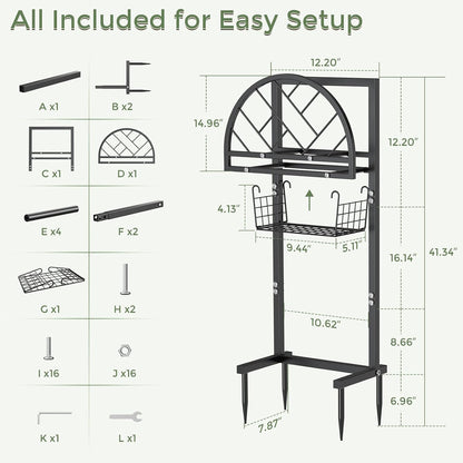 Heavy Duty Garden Hose Holder with Storage Basket, Holds Up to 160FT Hose, Freestanding Metal Water Hose Organizer with 4 Anchor Spikes, for Outdoor Yard Lawn Patio