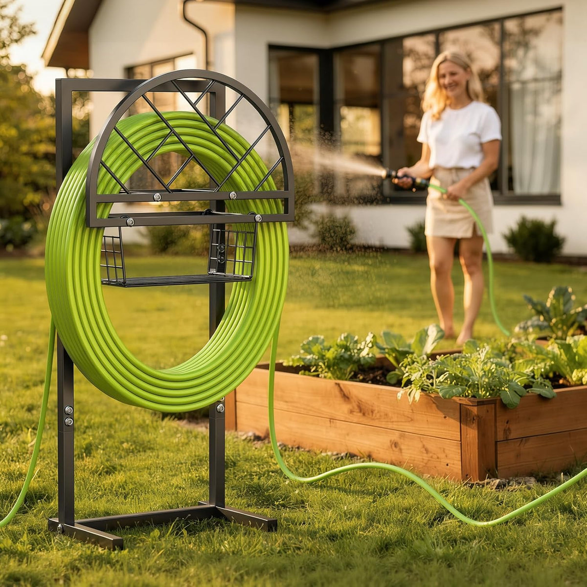 Heavy Duty Garden Hose Holder with Storage Basket, Holds Up to 160FT Hose, Freestanding Metal Water Hose Organizer with 4 Anchor Spikes, for Outdoor Yard Lawn Patio
