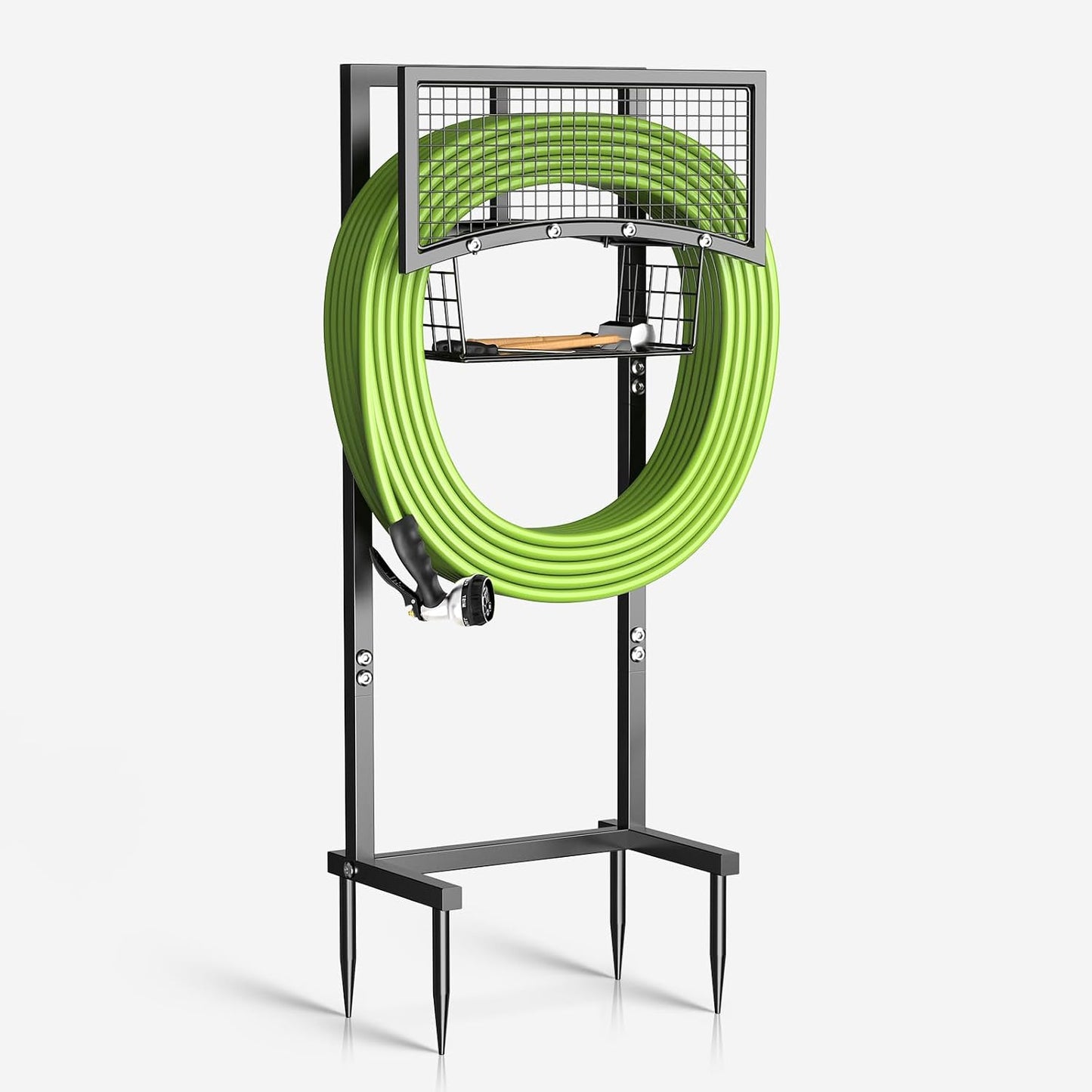 Heavy Duty Garden Hose Holder with Storage Basket, Holds Up to 160FT Hose, Freestanding Metal Water Hose Organizer with 4 Anchor Spikes, for Outdoor Yard Lawn Patio