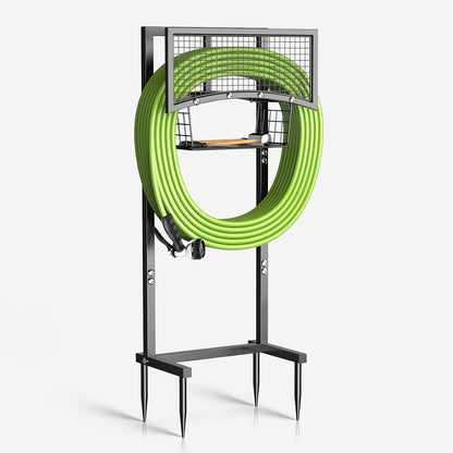 Heavy Duty Garden Hose Holder with Storage Basket, Holds Up to 160FT Hose, Freestanding Metal Water Hose Organizer with 4 Anchor Spikes, for Outdoor Yard Lawn Patio