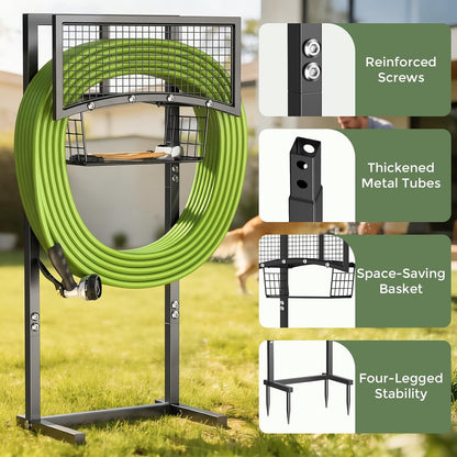 Heavy Duty Garden Hose Holder with Storage Basket, Holds Up to 160FT Hose, Freestanding Metal Water Hose Organizer with 4 Anchor Spikes, for Outdoor Yard Lawn Patio