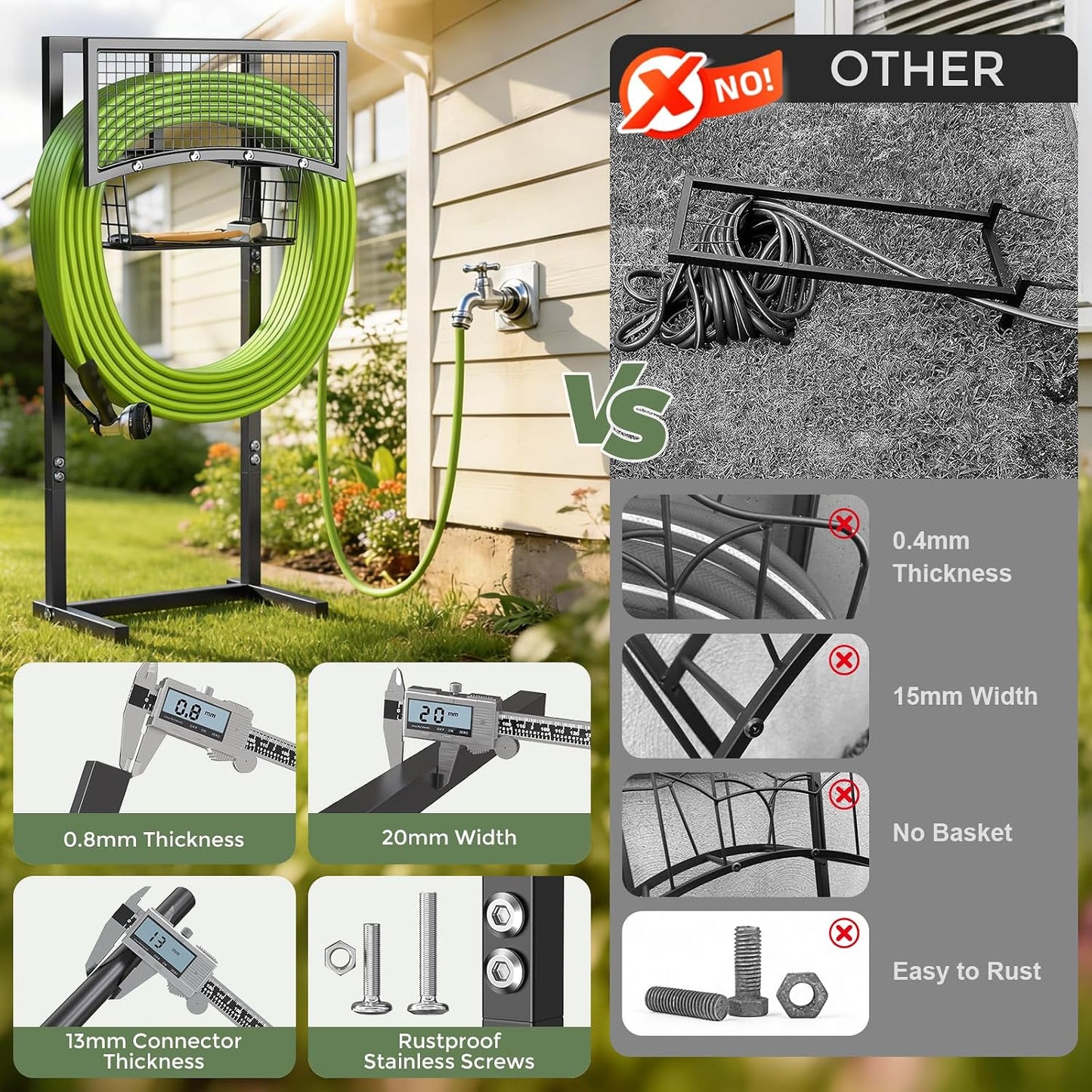 Heavy Duty Garden Hose Holder with Storage Basket, Holds Up to 160FT Hose, Freestanding Metal Water Hose Organizer with 4 Anchor Spikes, for Outdoor Yard Lawn Patio