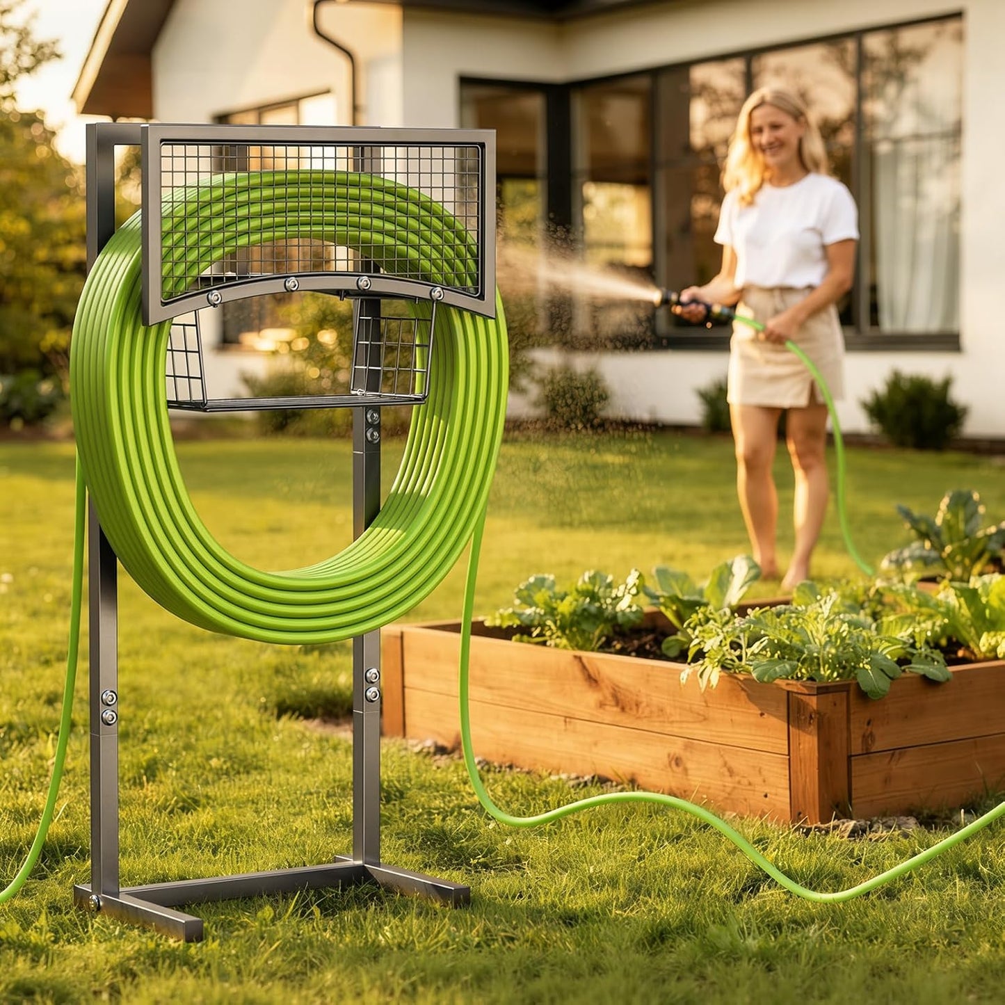 Heavy Duty Garden Hose Holder with Storage Basket, Holds Up to 160FT Hose, Freestanding Metal Water Hose Organizer with 4 Anchor Spikes, for Outdoor Yard Lawn Patio