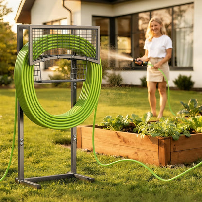 Heavy Duty Garden Hose Holder with Storage Basket, Holds Up to 160FT Hose, Freestanding Metal Water Hose Organizer with 4 Anchor Spikes, for Outdoor Yard Lawn Patio