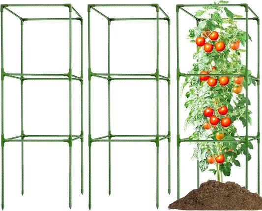 3 Pack Square Tomato Cages for Garden - 42 Inch Heavy Duty Tomato Plant Support Stakes, Sturdy Metal Core with Rust-Resistant Coating, Tomato Trellis for Raised Beds