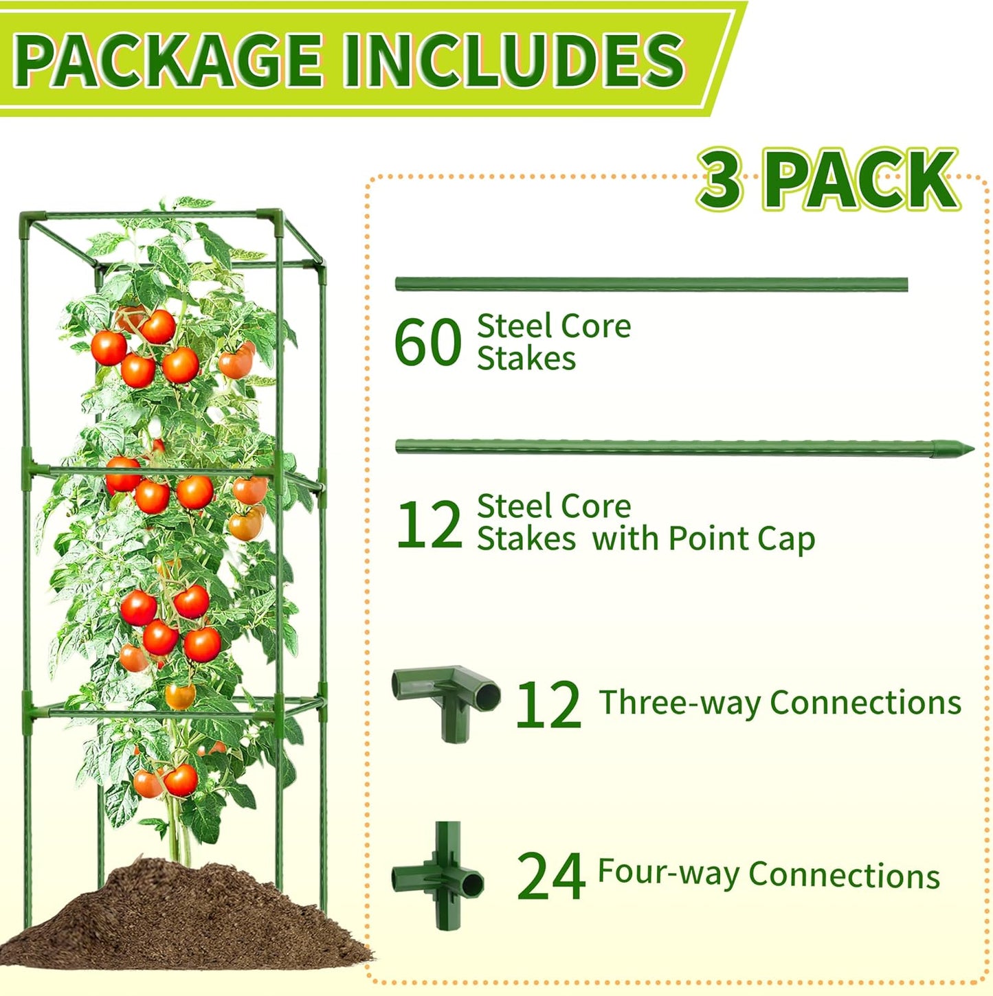 3 Pack Square Tomato Cages for Garden - 42 Inch Heavy Duty Tomato Plant Support Stakes, Sturdy Metal Core with Rust-Resistant Coating, Tomato Trellis for Raised Beds