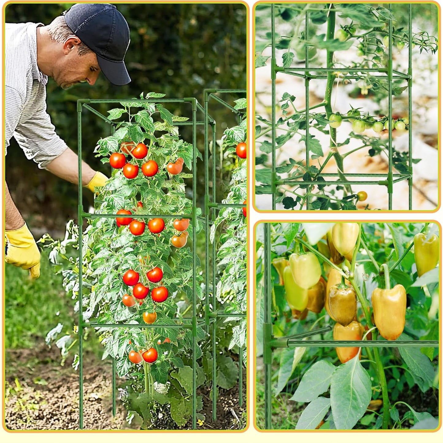 3 Pack Square Tomato Cages for Garden - 42 Inch Heavy Duty Tomato Plant Support Stakes, Sturdy Metal Core with Rust-Resistant Coating, Tomato Trellis for Raised Beds