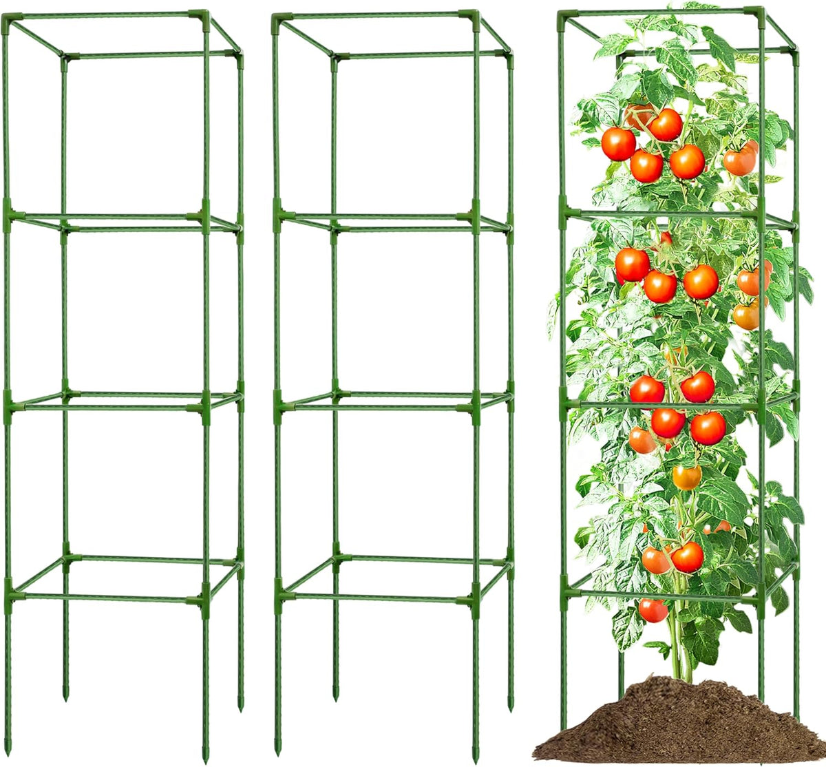 3 Pack Square Tomato Cages for Garden - 42 Inch Heavy Duty Tomato Plant Support Stakes, Sturdy Metal Core with Rust-Resistant Coating, Tomato Trellis for Raised Beds