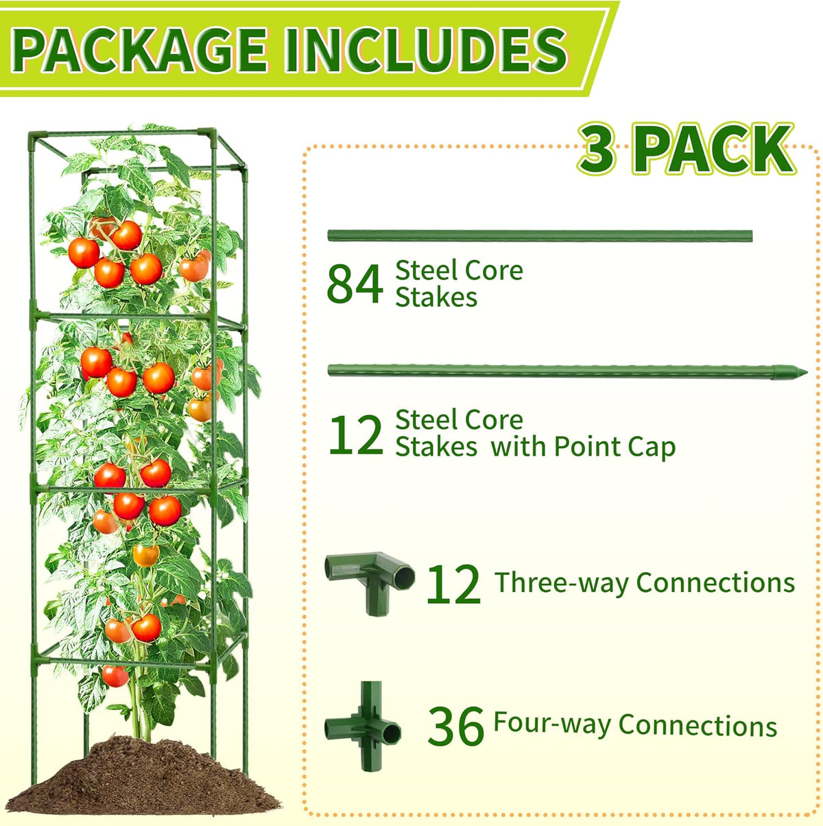 3 Pack Square Tomato Cages for Garden - 42 Inch Heavy Duty Tomato Plant Support Stakes, Sturdy Metal Core with Rust-Resistant Coating, Tomato Trellis for Raised Beds