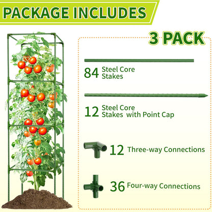 3 Pack Square Tomato Cages for Garden - 42 Inch Heavy Duty Tomato Plant Support Stakes, Sturdy Metal Core with Rust-Resistant Coating, Tomato Trellis for Raised Beds