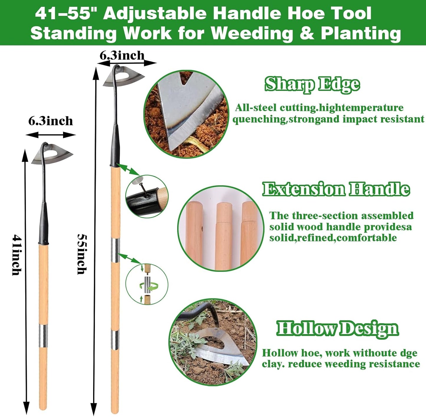 Gardening Tools Hollow Hoe, All-Steel Hardened Hollow Hoe with 55 Inch Long Handle, Sharp Edge Garden Weeding Tools, Garden Weeder Tool Shovel Weed Puller for Backyard Loosening Farm Planting Weeding