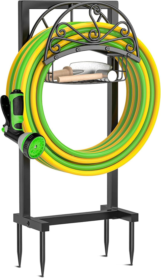 Garden Hose holder, 4-Spike Heavy Metal with Storage Basket, Swirl