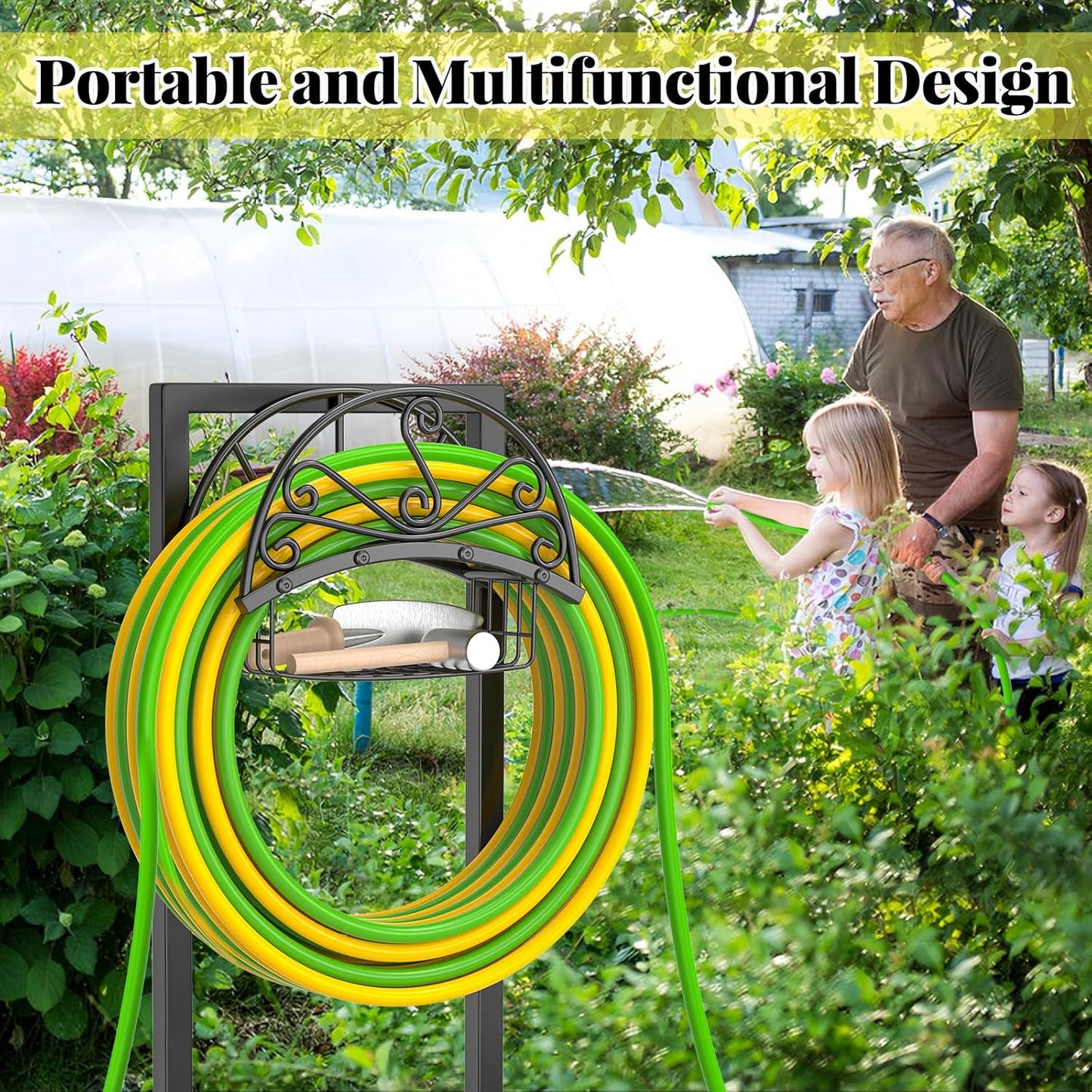 Garden Hose holder, 4-Spike Heavy Metal with Storage Basket, Swirl