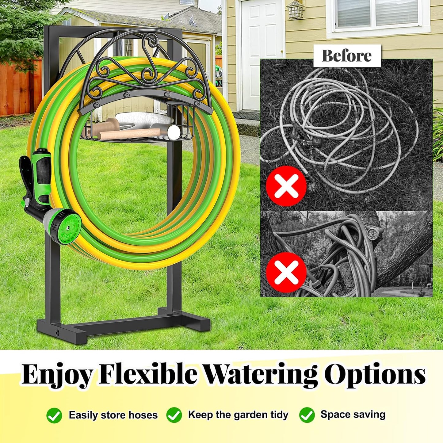 Garden Hose holder, 4-Spike Heavy Metal with Storage Basket, Swirl