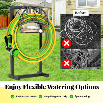 Garden Hose holder, 4-Spike Heavy Metal with Storage Basket, Swirl