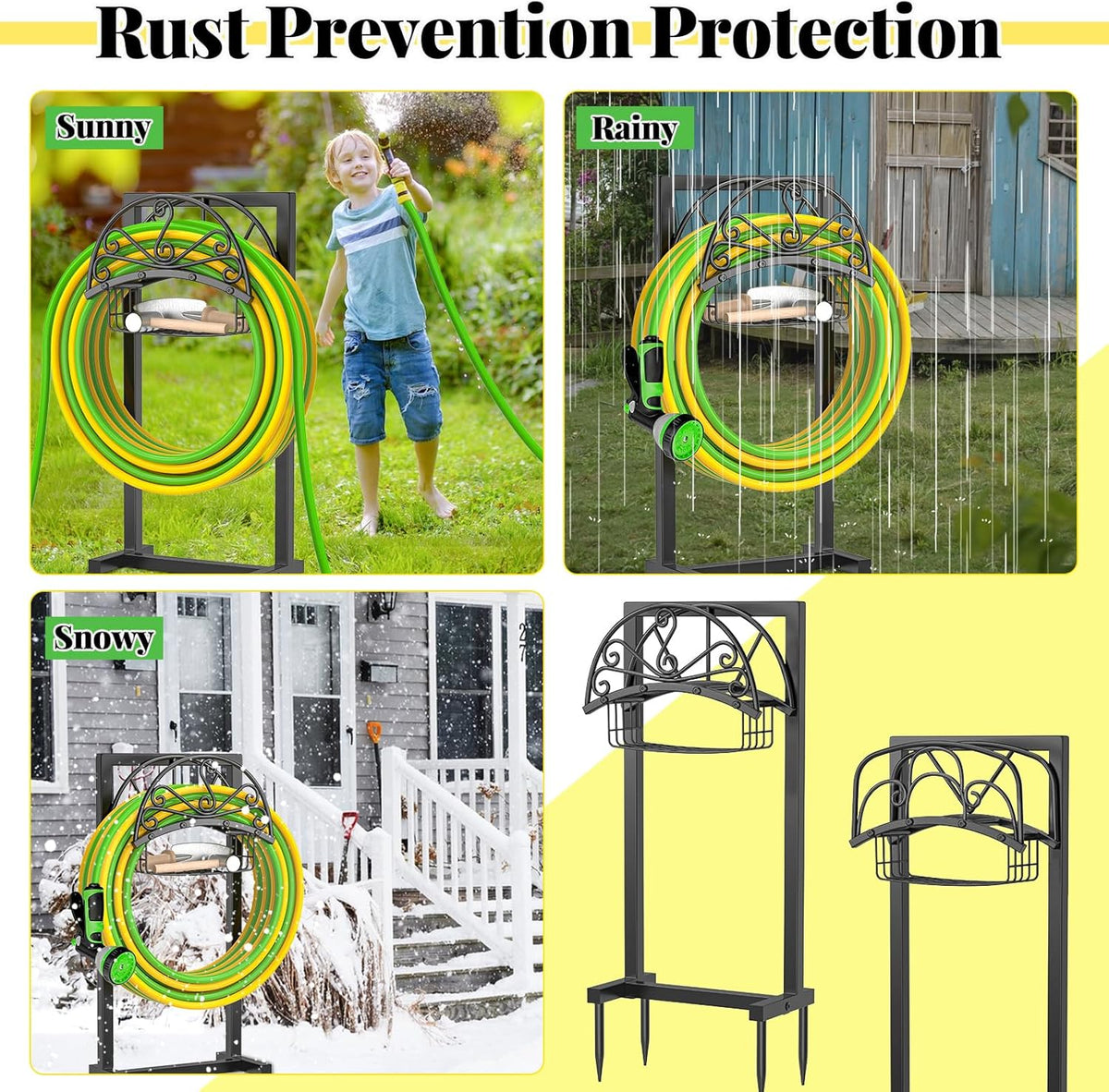 Garden Hose holder, 4-Spike Heavy Metal with Storage Basket, Swirl