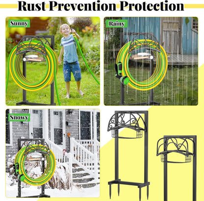 Garden Hose holder, 4-Spike Heavy Metal with Storage Basket, Swirl